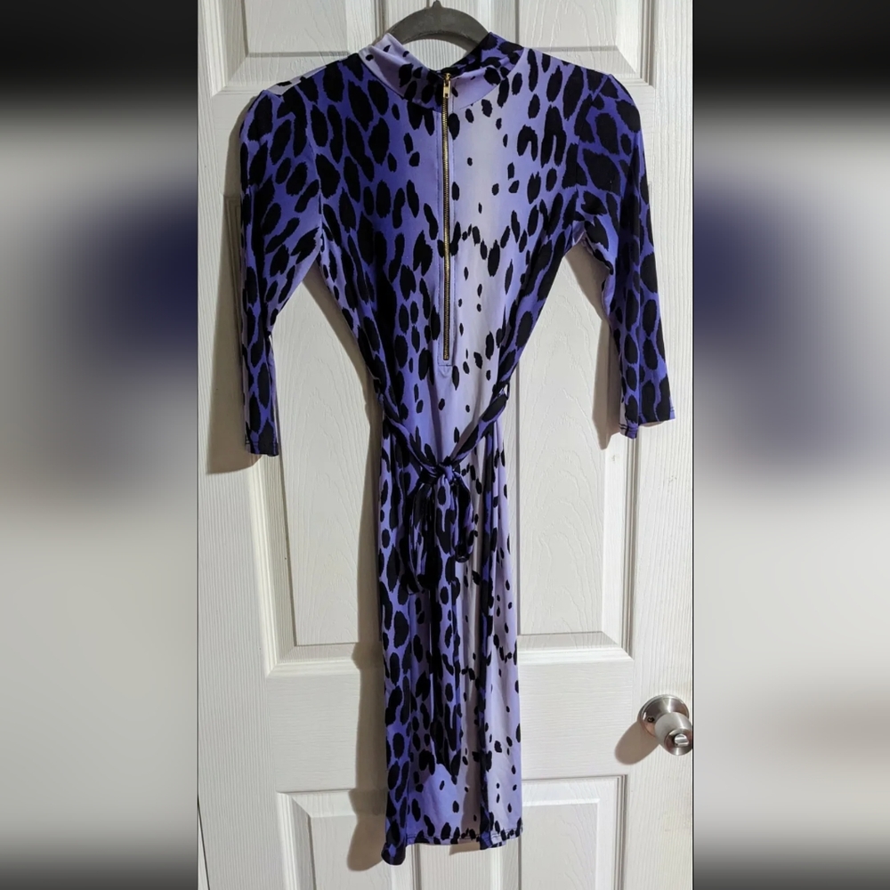 Fashion Queen Purple Cheetah Print Dress S 3/4 Sleeve Belted Bodycon